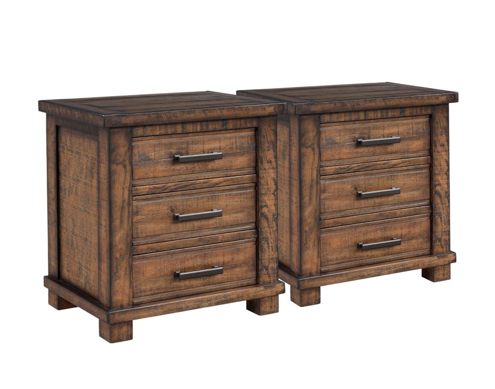 Set of Two 26" Walnut Solid Wood Distressed Three Drawer Nightstand