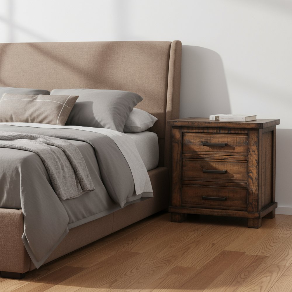 Set of Two 26" Walnut Solid Wood Distressed Three Drawer Nightstand