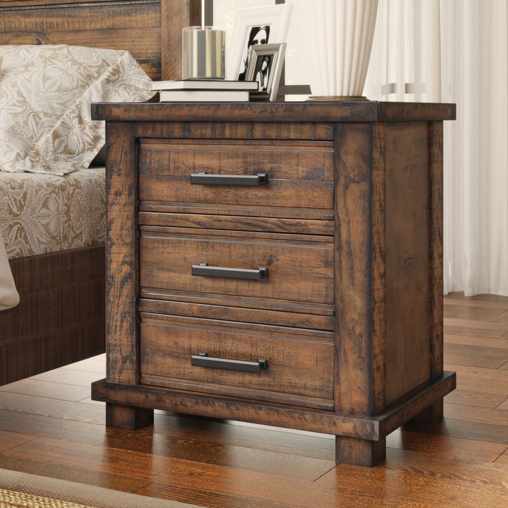 Set of Two 26" Walnut Solid Wood Distressed Three Drawer Nightstand