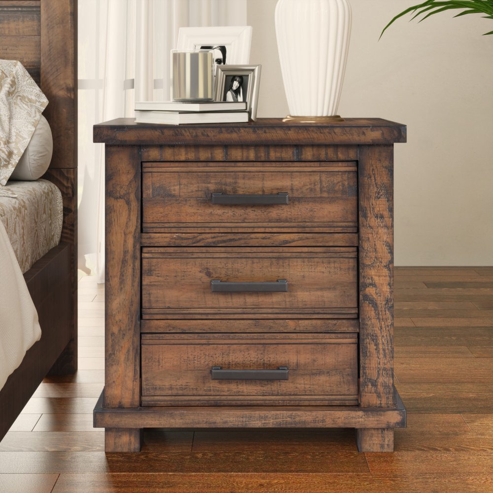 Set of Two 26" Walnut Solid Wood Distressed Three Drawer Nightstand