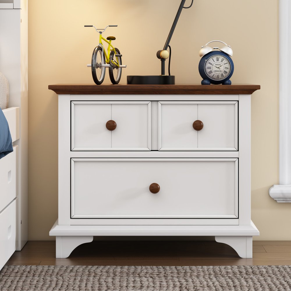 28" White And Walnut Brown Wood Two Drawer Nightstand