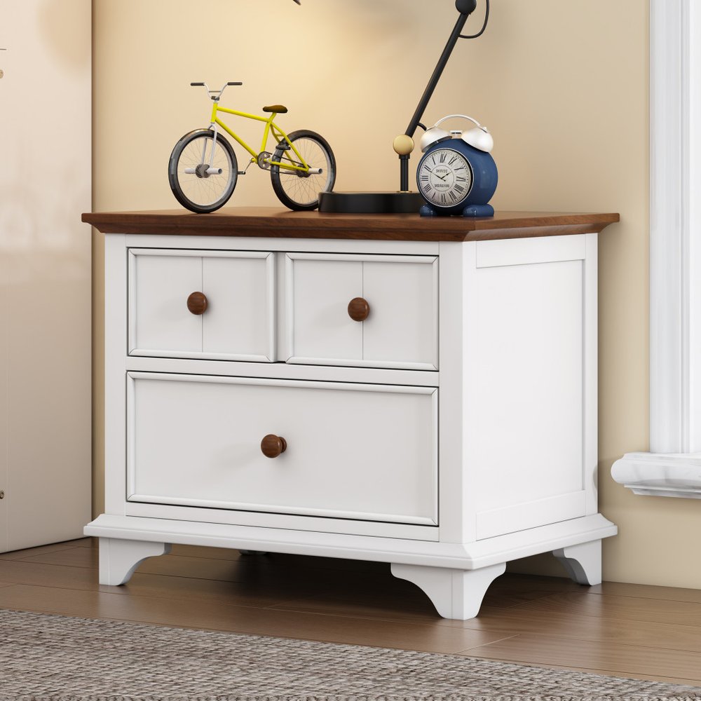 28" White And Walnut Brown Wood Two Drawer Nightstand