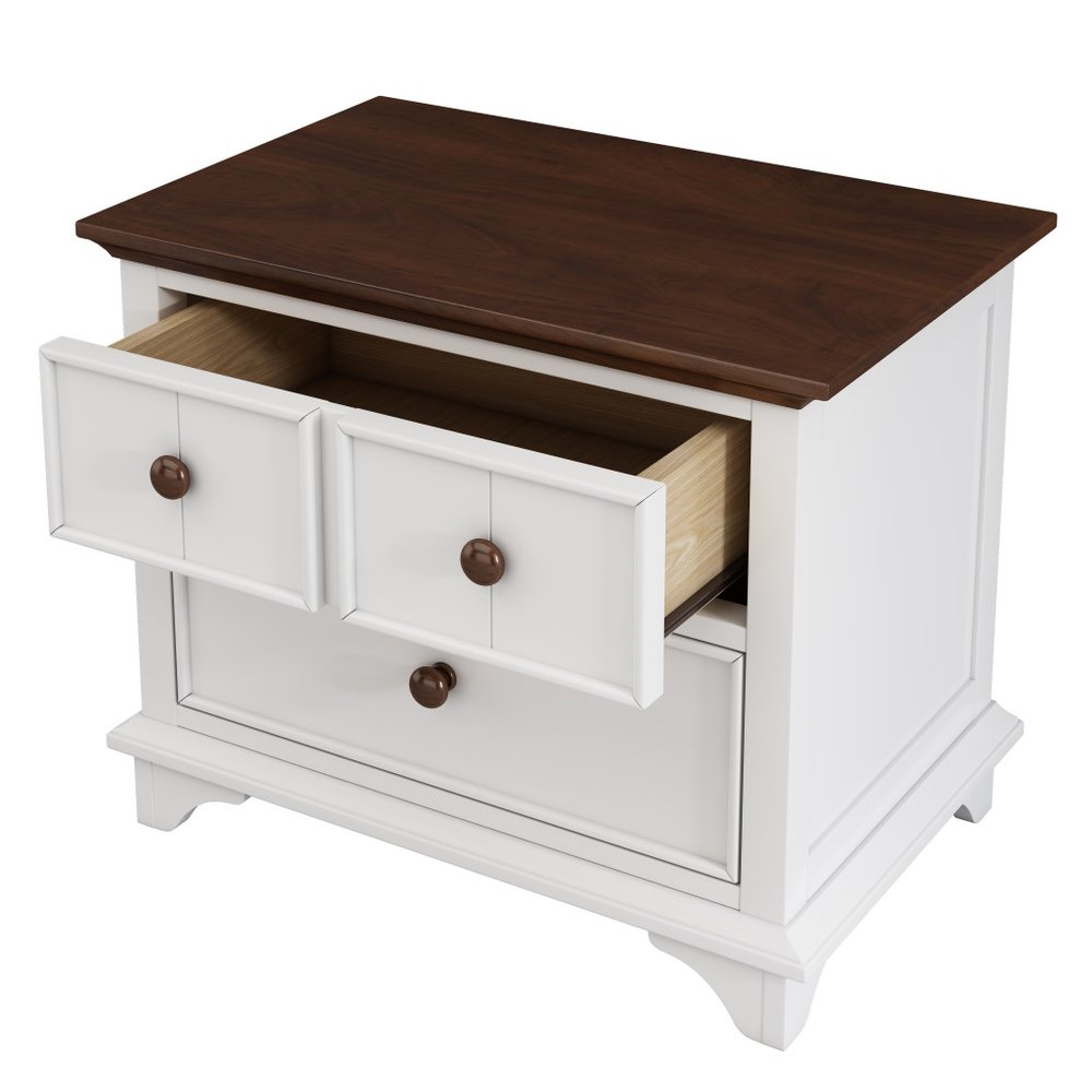 28" White And Walnut Brown Wood Two Drawer Nightstand