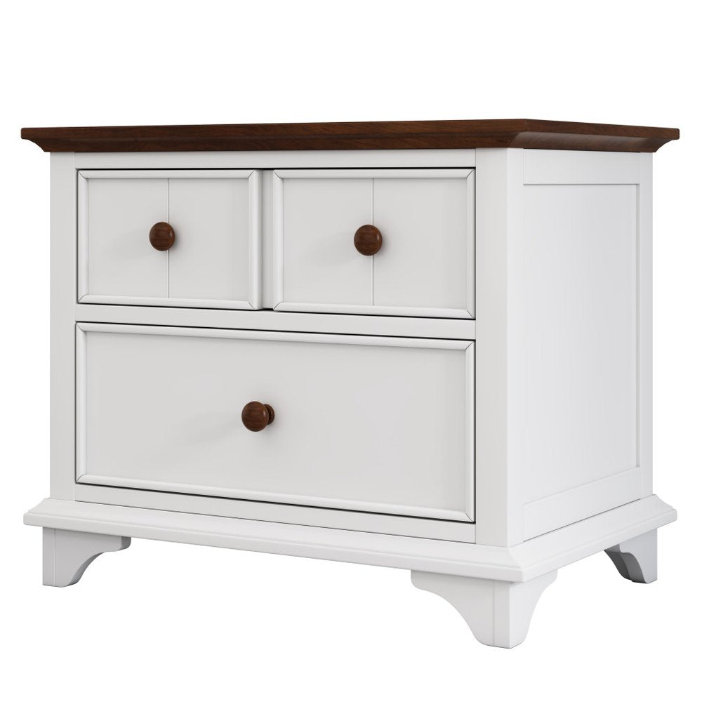 28" White And Walnut Brown Wood Two Drawer Nightstand