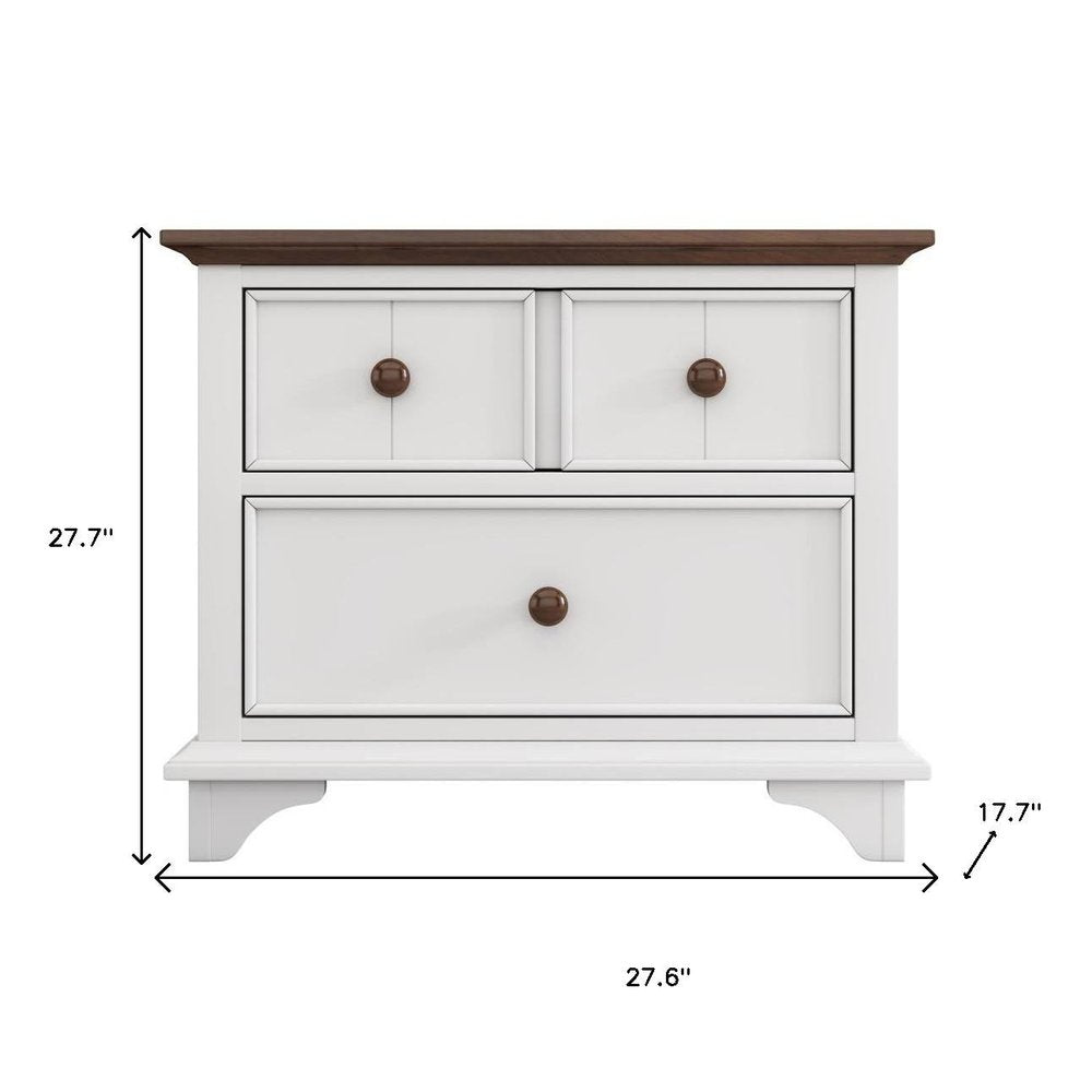 28" White And Walnut Brown Wood Two Drawer Nightstand