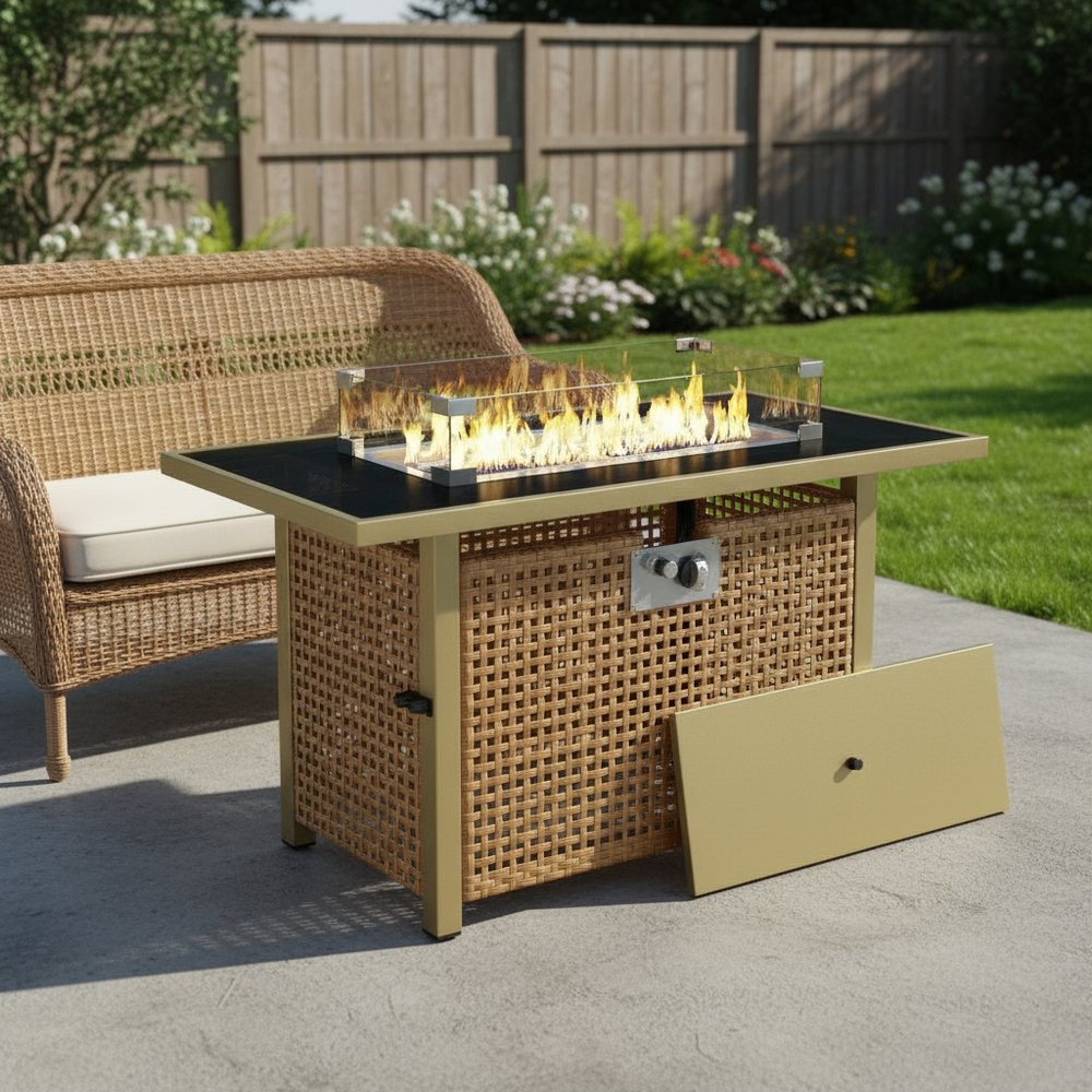 60000 BTU 43" Natural And Black Steel And Wicker Propane Fire Pit Table With Cover