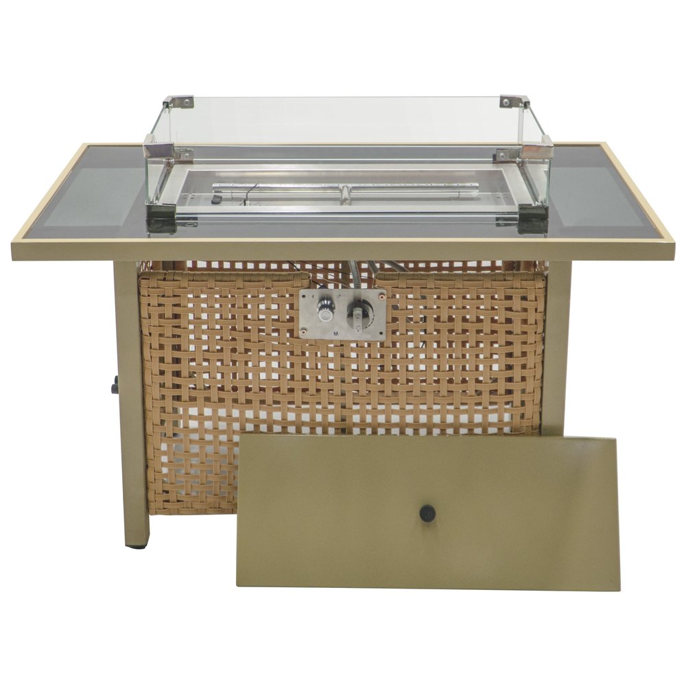 HomeRoots 60000 BTU black steel and wicker outdoor propane fire pit table with cover, 43-inch size, stylish and functional outdoor fireplace