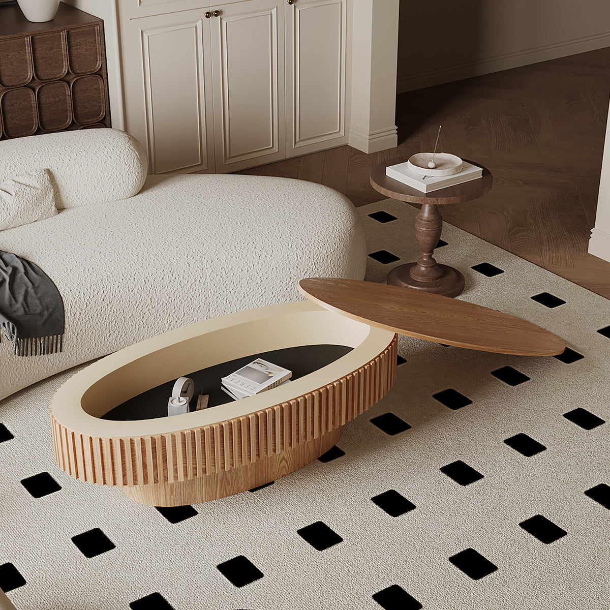 Oval coffee table with storage, solid wood veneer, by Anthony & Home, featuring a sleek design and natural wood finish.