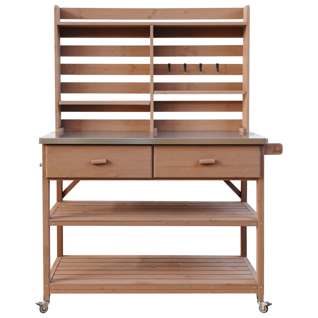 Anthony & Home Signature outdoor potting bench with stainless steel top, featuring a durable wooden frame and gardening workspace.