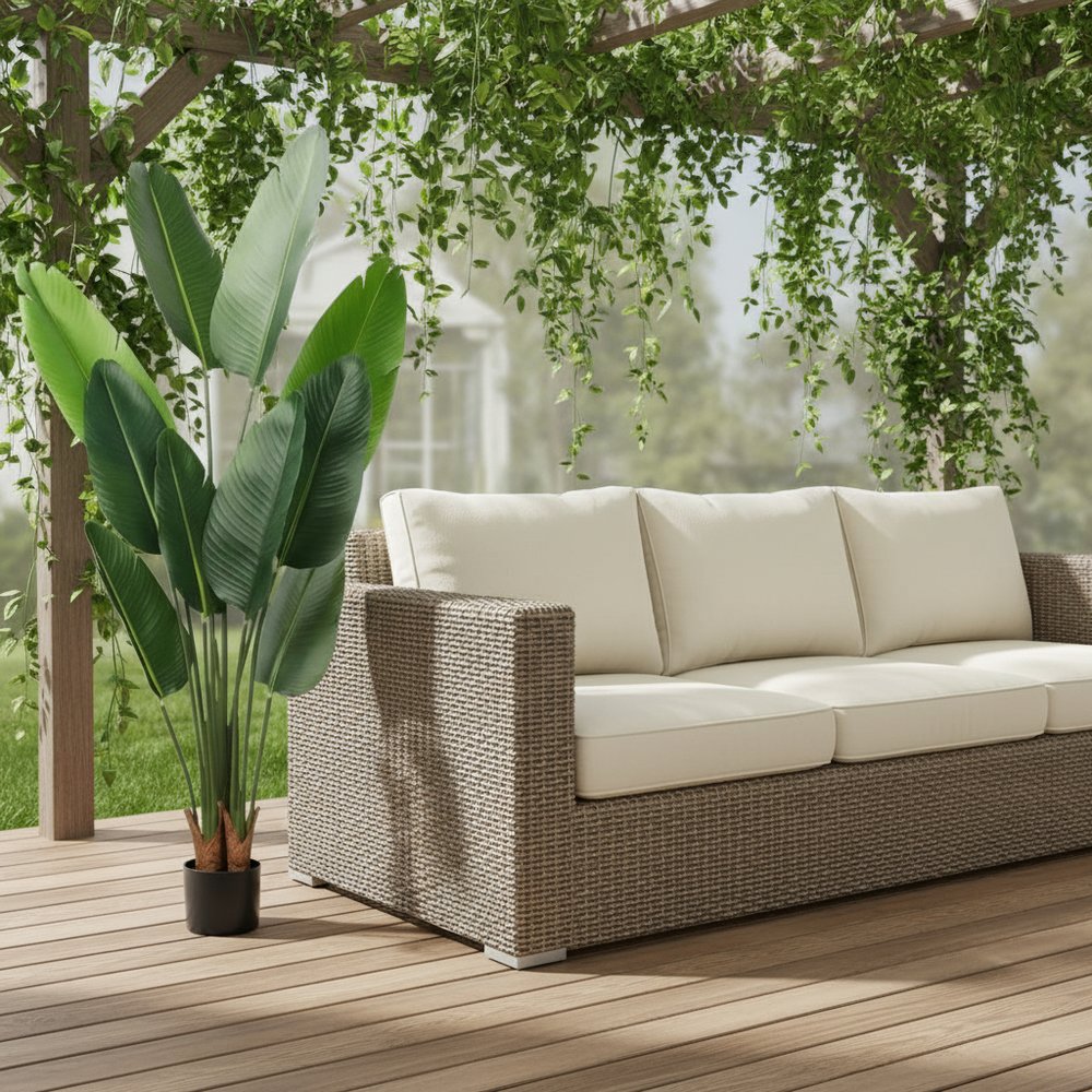 Set of Two 7" Green Artificial Banana Leaf In Cylindrical Black Cement Pot