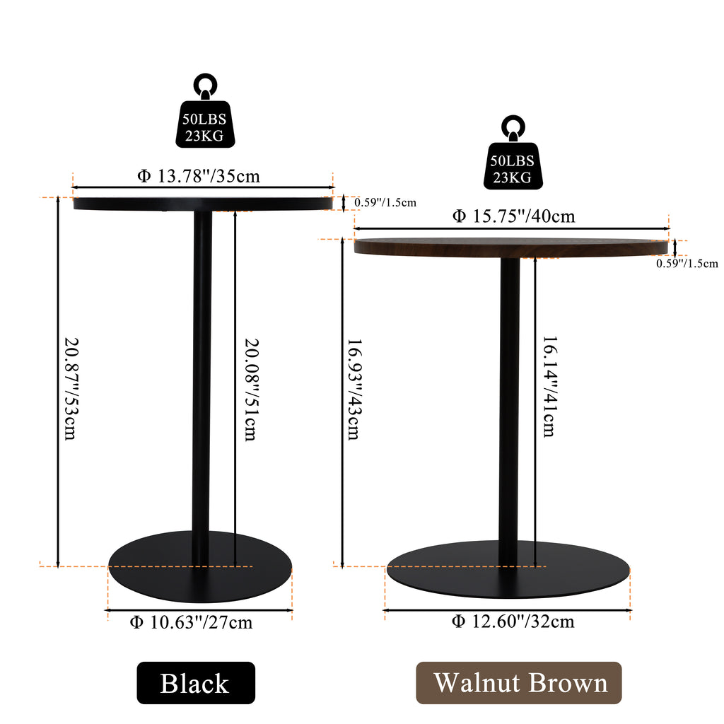 Set of 2 walnut round side tables with black metal pedestal bases featuring concentric design by Anthony & Home.