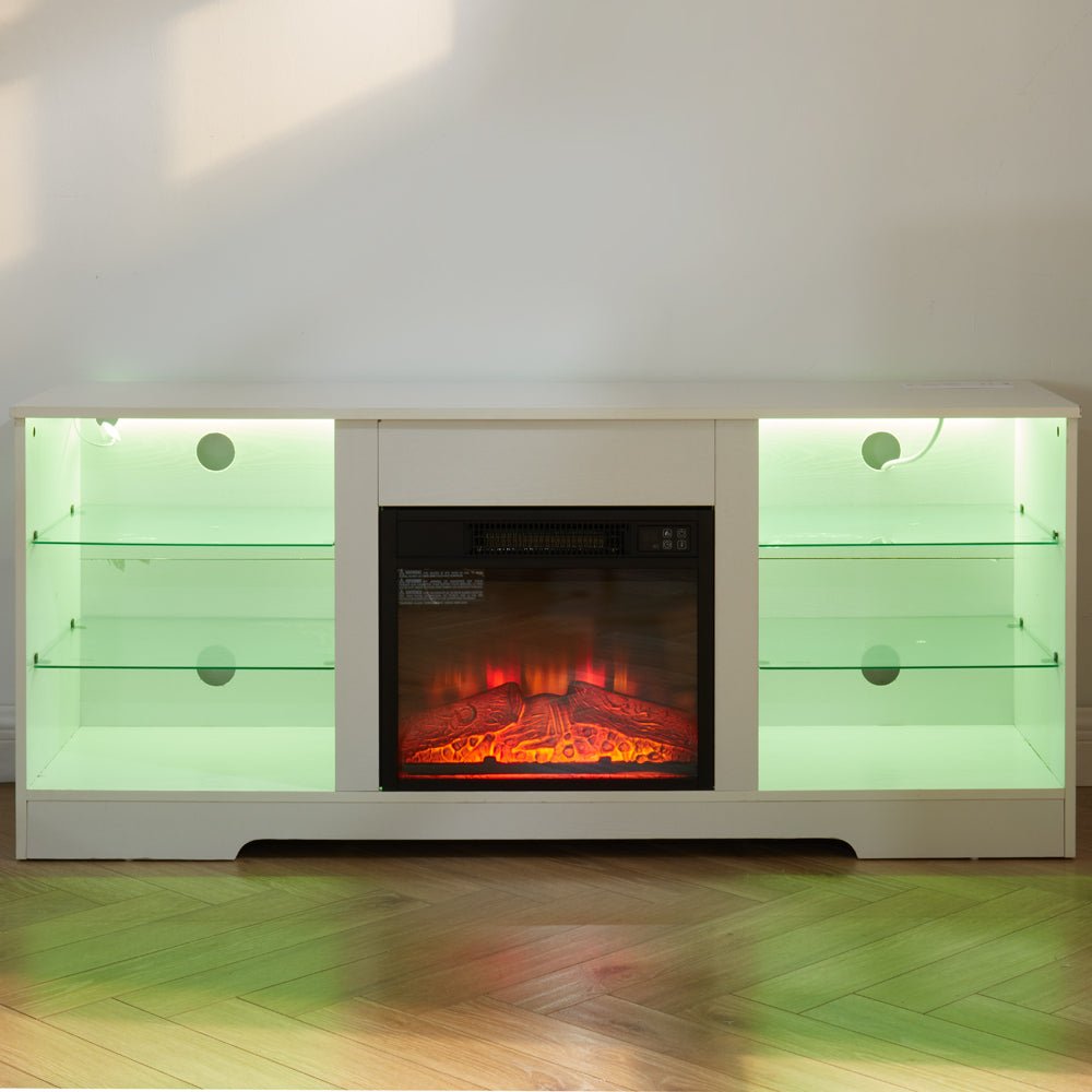 Anthony & Home electric fireplace TV stand with glass shelves, modern design, featuring a built-in electric fireplace and sleek storage.