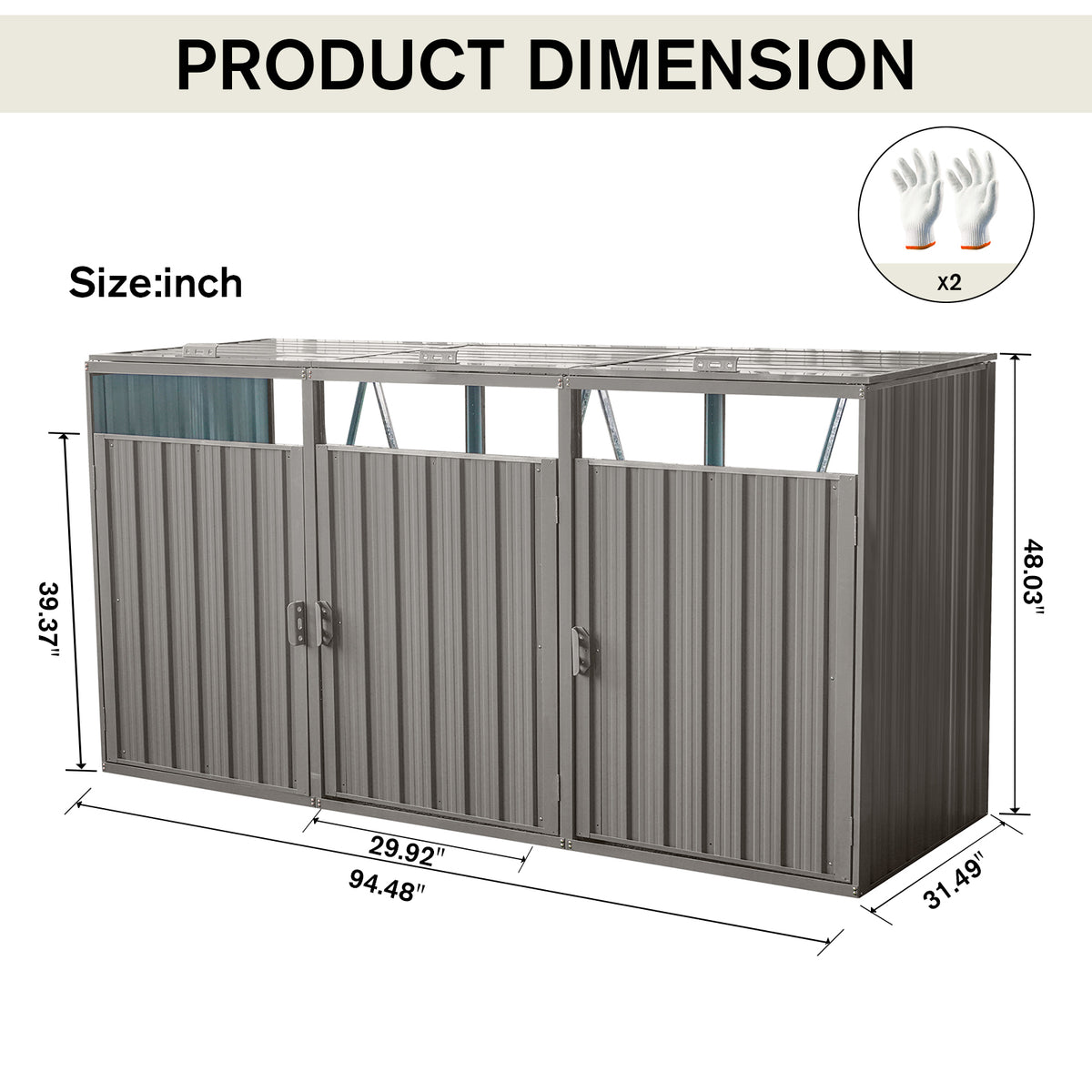 Galvanized steel trash bin shed with three grey cans for outdoor waste storage, by Anthony & Home.