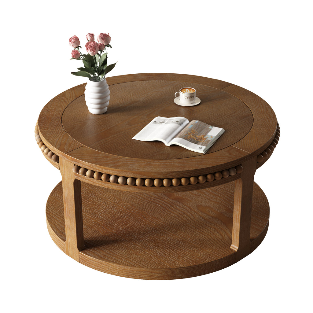 Solid wood Anthony & Home Studio Walnut round coffee table with two tiers, featuring a natural wood finish and modern design.