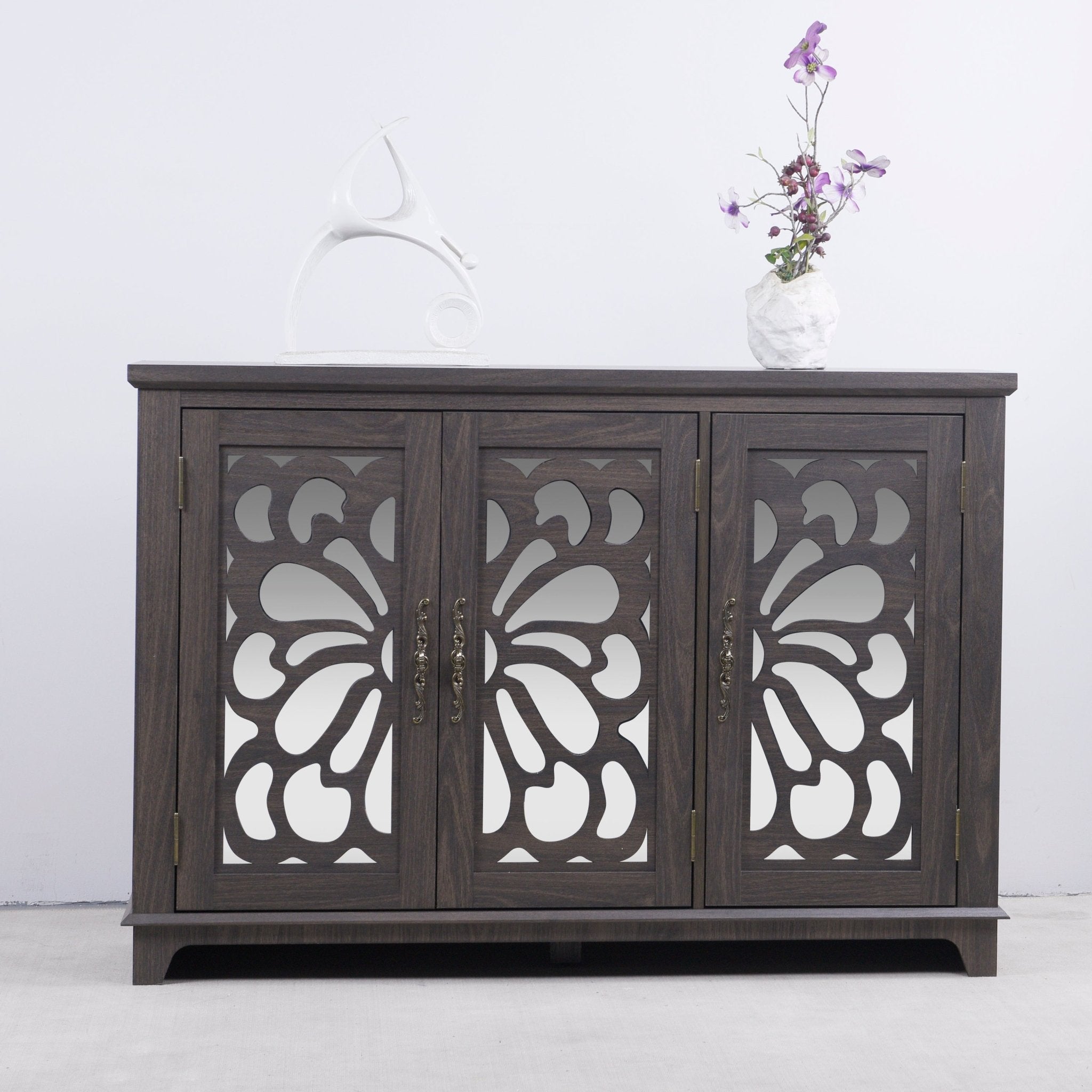 Heritage Walnut Sideboard by Anthony & Home with mirrored doors and adjustable shelves, measuring 49.3 x 15.6 inches.