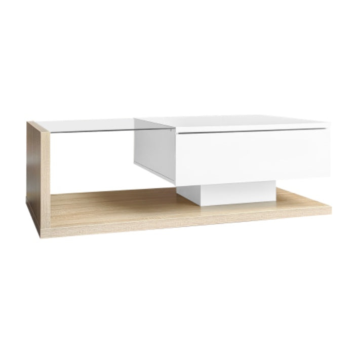 High Gloss White And Wood Coffee Table With Glass And LED