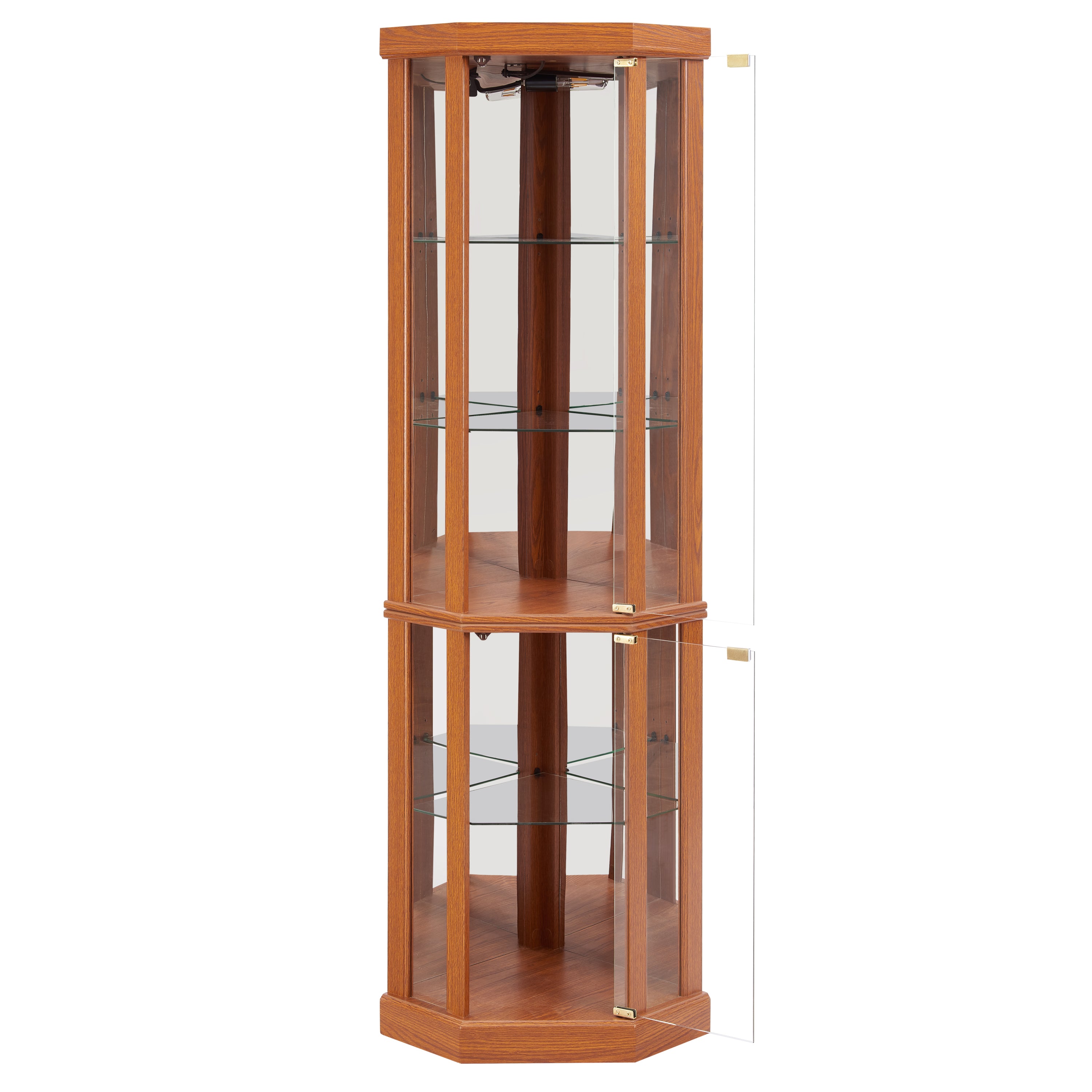 Dark oak corner lighted curio cabinet by Anthony & Home with glass doors and interior shelving for display storage.
