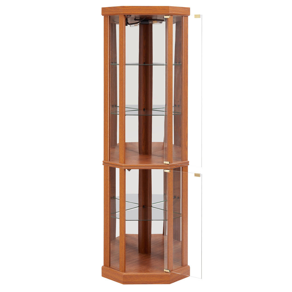 Dark oak corner lighted curio cabinet by Anthony & Home with glass doors and interior shelving for display storage.