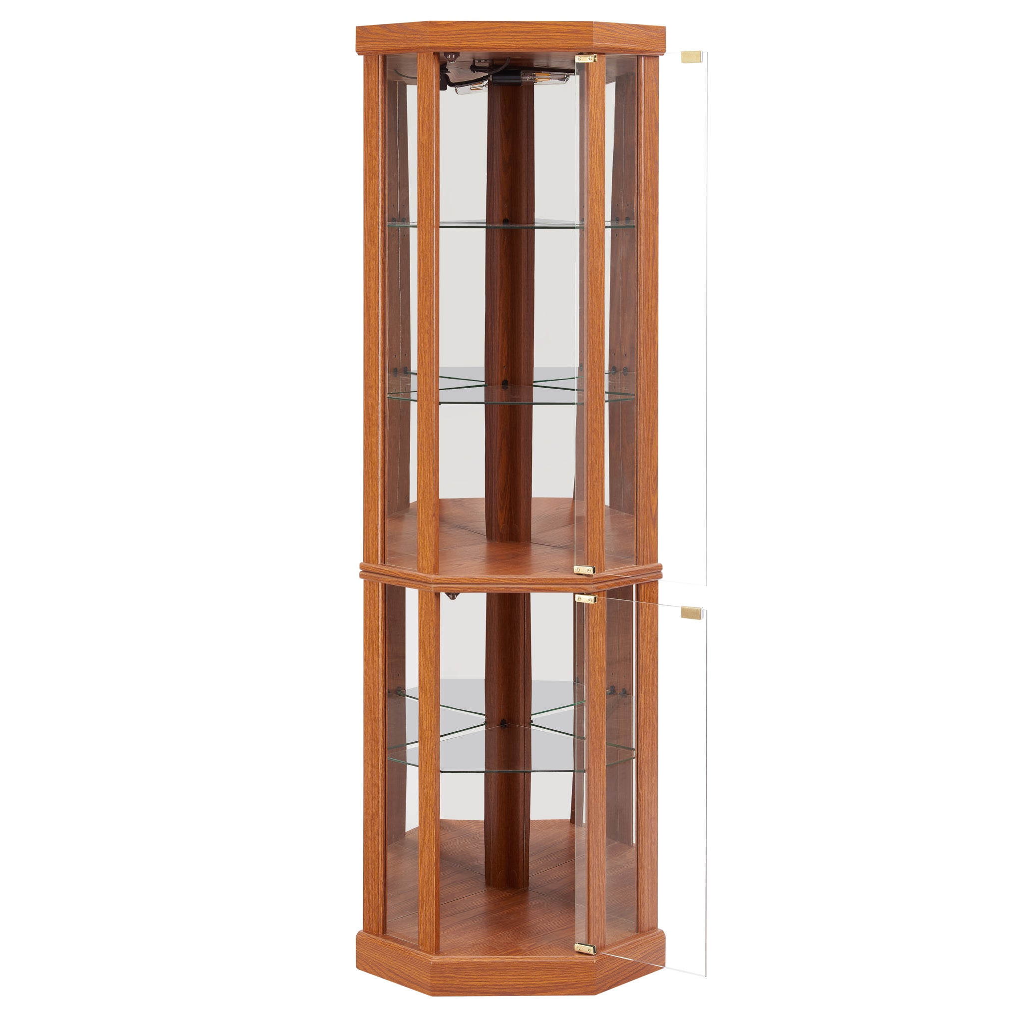 Dark oak corner lighted curio cabinet by Anthony & Home with glass doors and interior shelving for display storage.