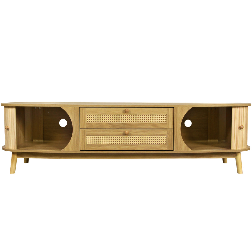 Rattan television console by Anthony & Home featuring a stylish, natural woven rattan design and wooden legs.