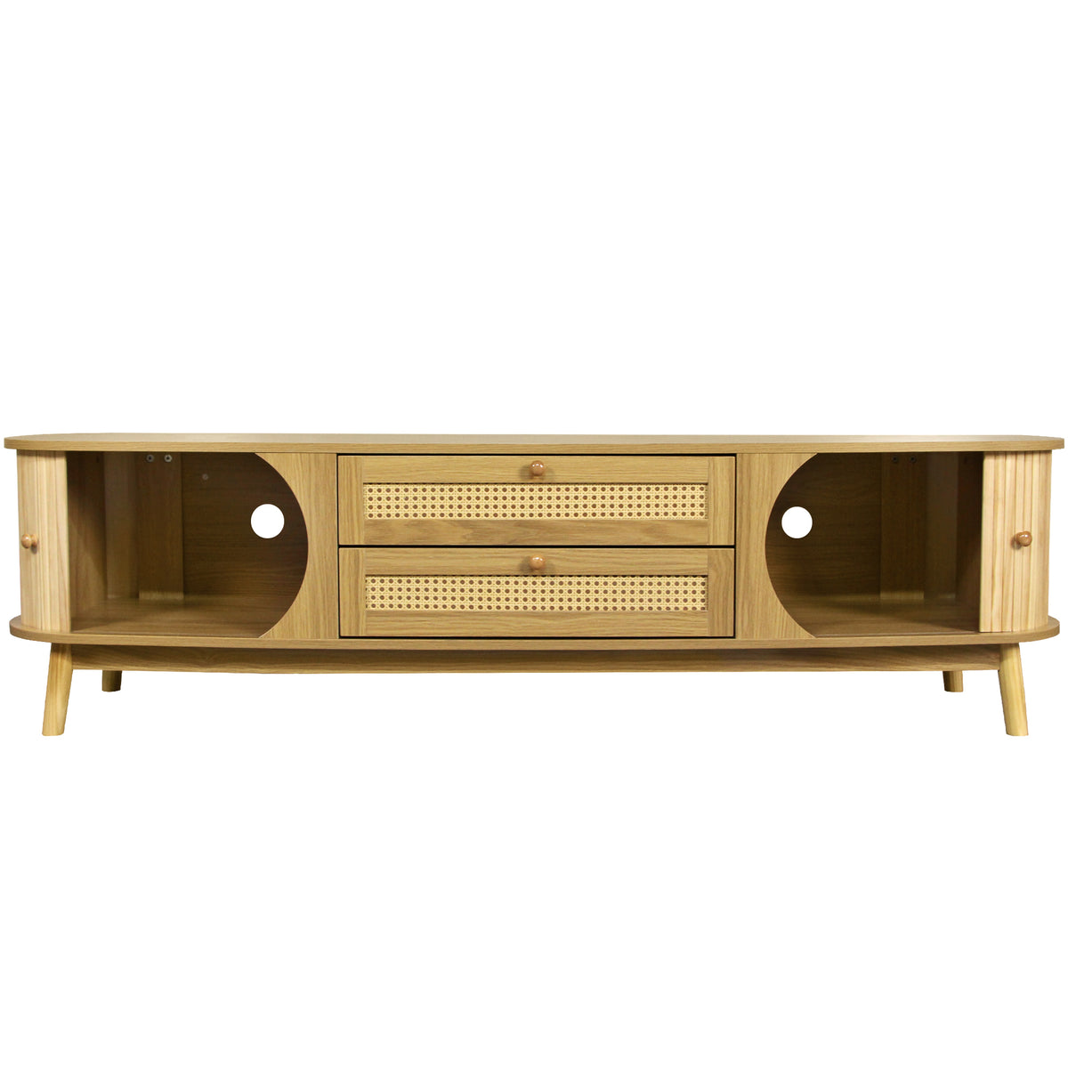 Rattan television console by Anthony & Home featuring a stylish, natural woven rattan design and wooden legs.