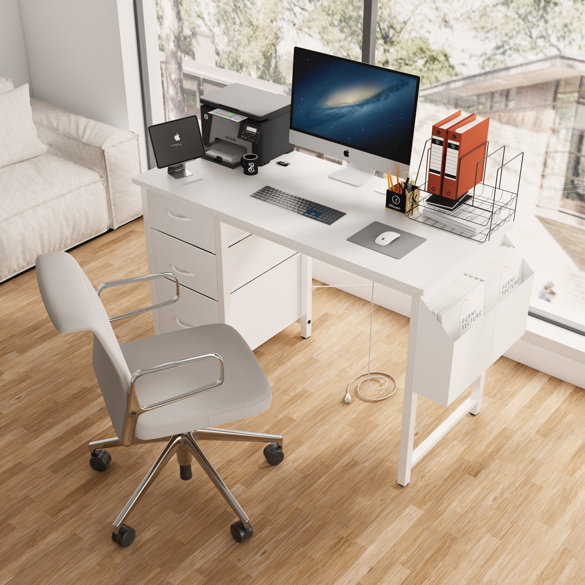 Anthony & Home studio white lacquer office desk with 3 drawers, power outlet, reversible frame, easy to assemble, modern workspace furniture.