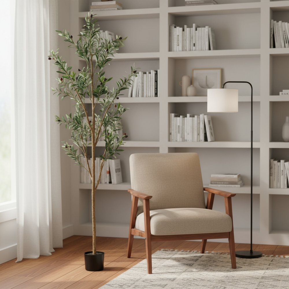 Set of Two 72" Green Artificial Olive Trees in a Black Pots