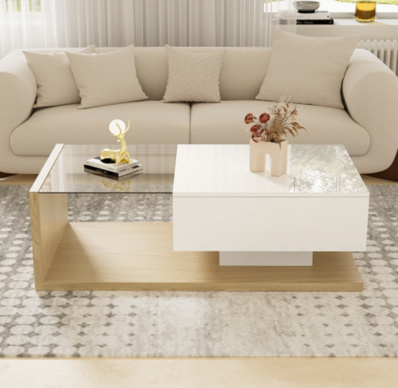 High Gloss White And Wood Coffee Table With Glass And LED