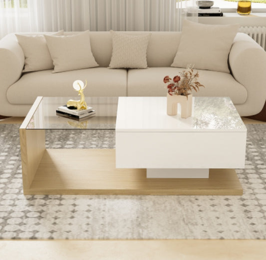 High Gloss White And Wood Coffee Table With Glass And LED