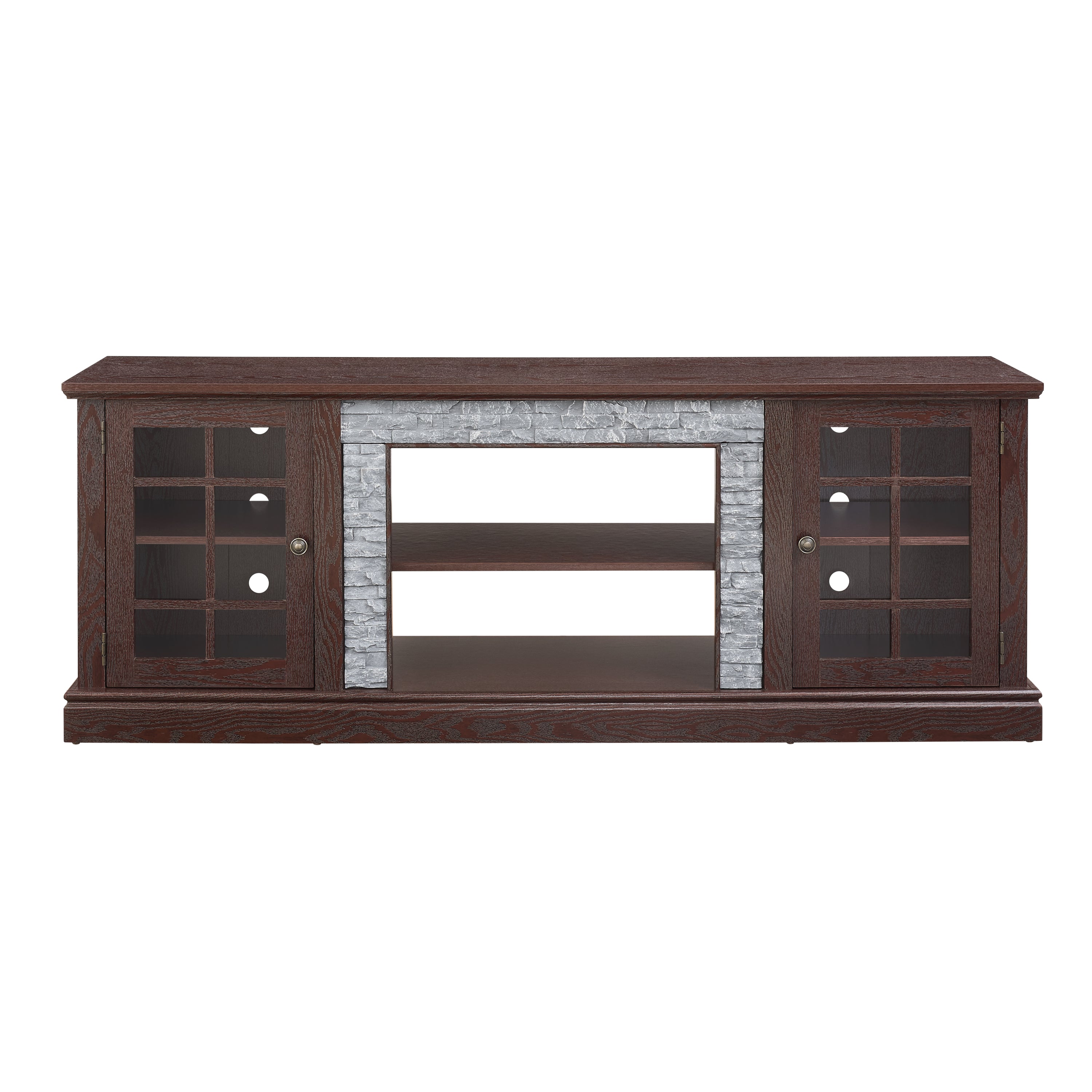 Anthony & Home cherry 70-inch modern TV stand with faux stone accents, 2-door storage, large media console for living room.