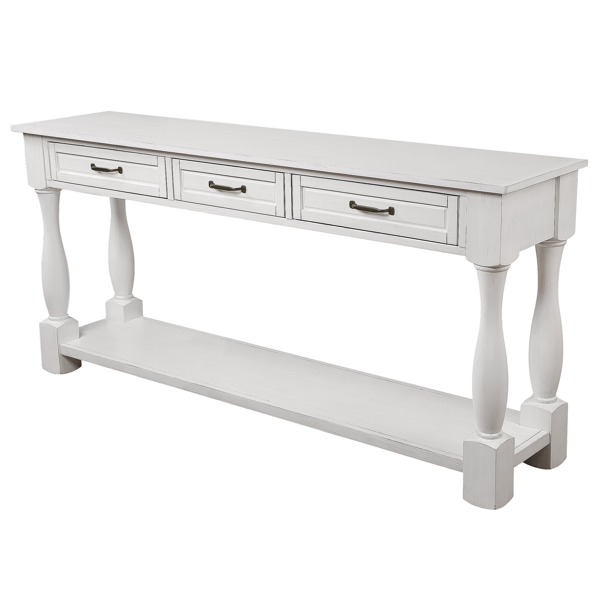 Antique white wood console table by Anthony & Home with 63-inch length, three drawers, bottom shelf, and easy assembly.