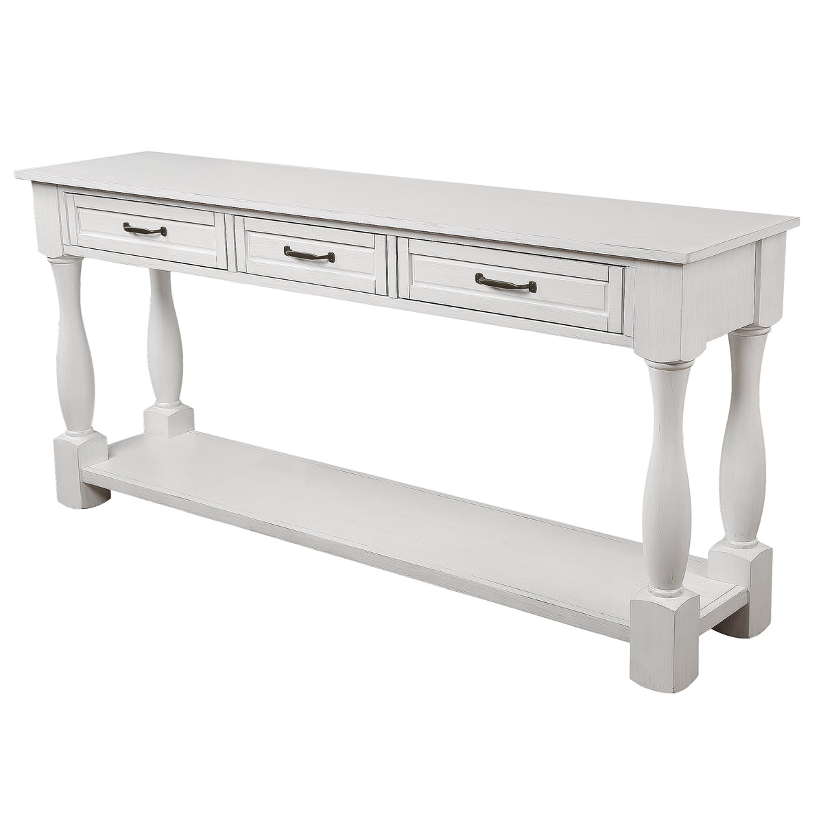 Antique white wood console table by Anthony & Home with 63-inch length, three drawers, bottom shelf, and easy assembly.