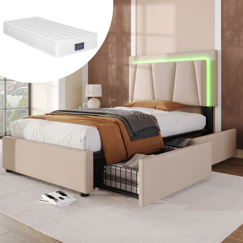 Wooden Storage Bed Frame 90x200cm Beige With Drawers