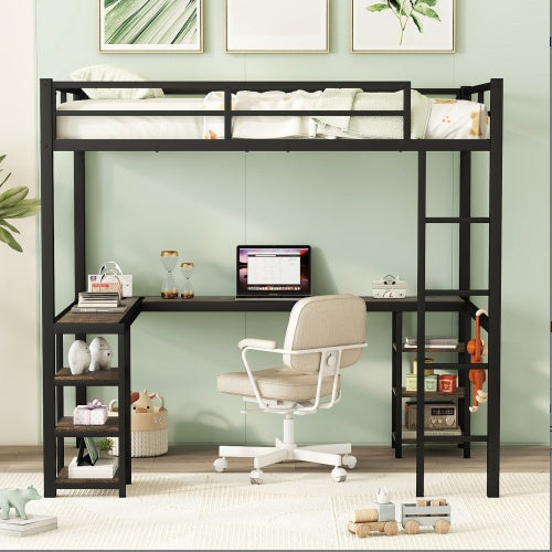 Full Metal Loft Bed With Desk Shelves And Ladder Guardrails