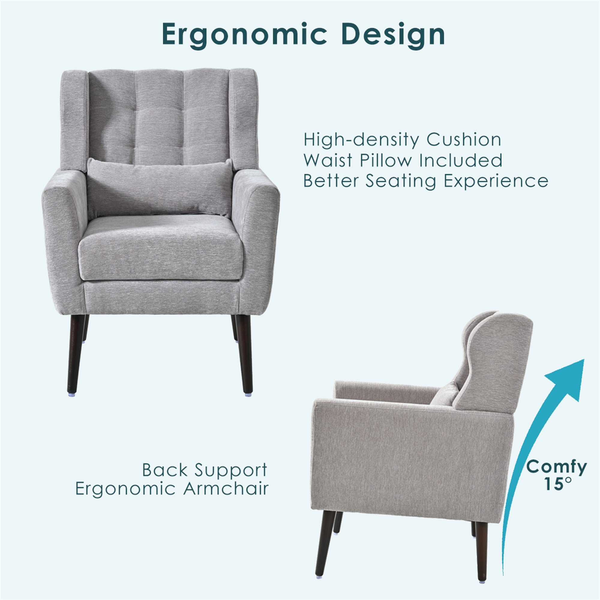 Gray chenille accent chair with solid wood legs, modern studio design by Anthony & Home.