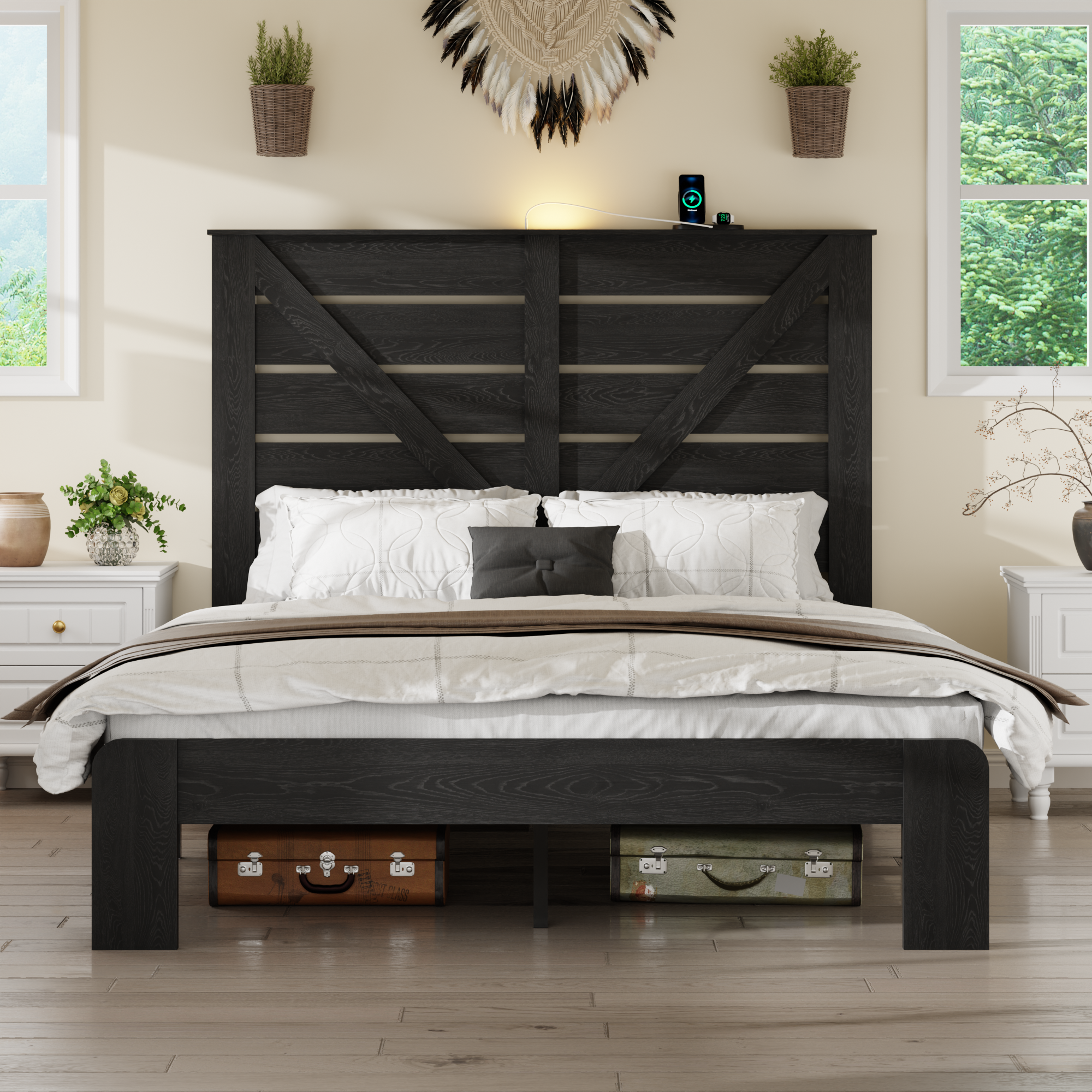 Queen Bed Frame Headboard Wood Platform Bed Frame Noise Free No Box Spring Easy Assembly Exclusive Bed Storage Black