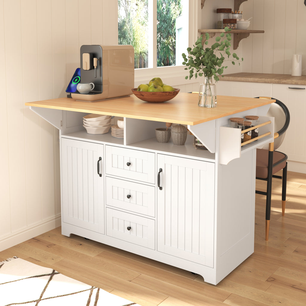 White Farmhouse Luxury Kitchen Island Cart With Drop Leaves Power Outlet And Five Wheel Rolling