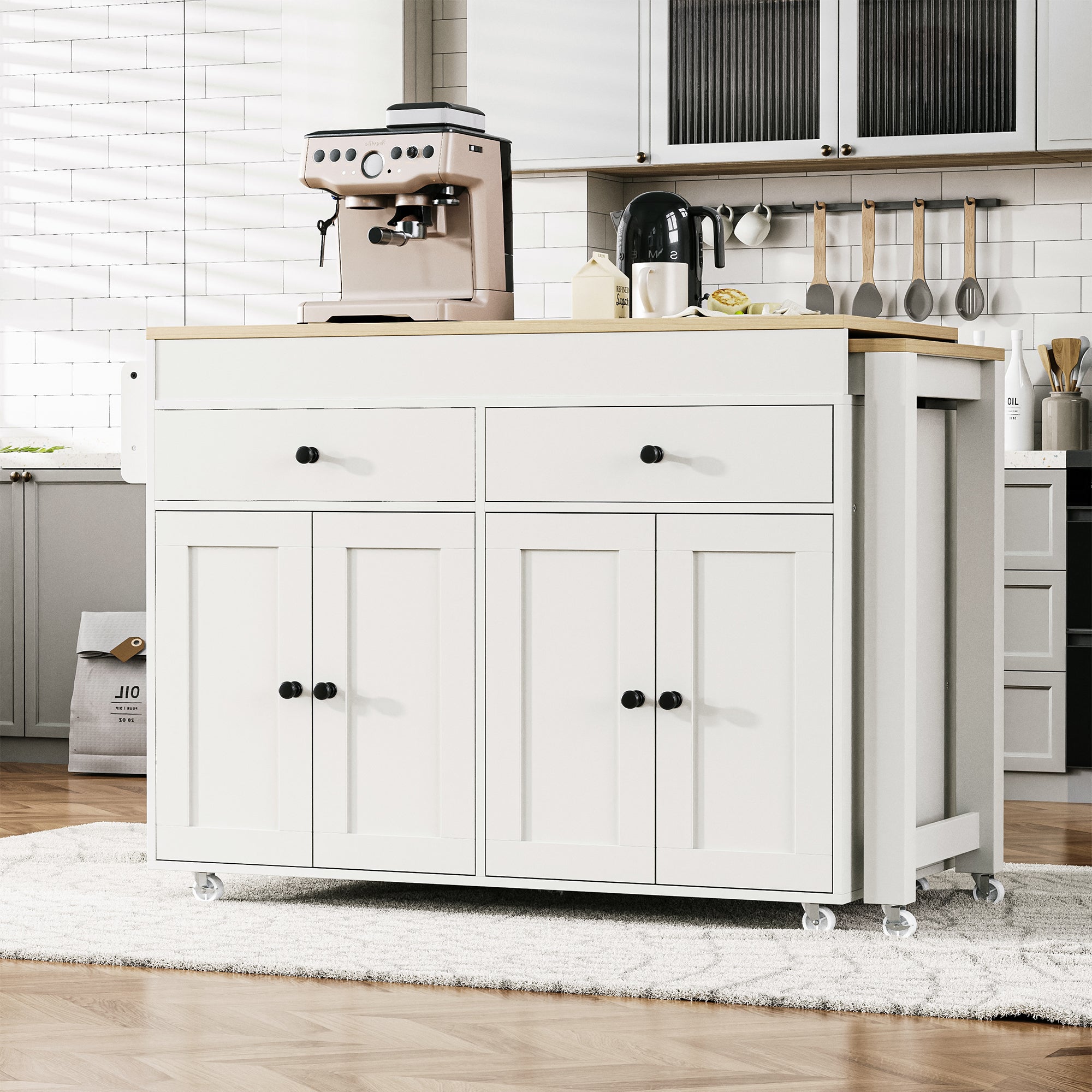 Anthony & Home maple wood kitchen island with extendable table, featuring a spacious design and natural wood finish.