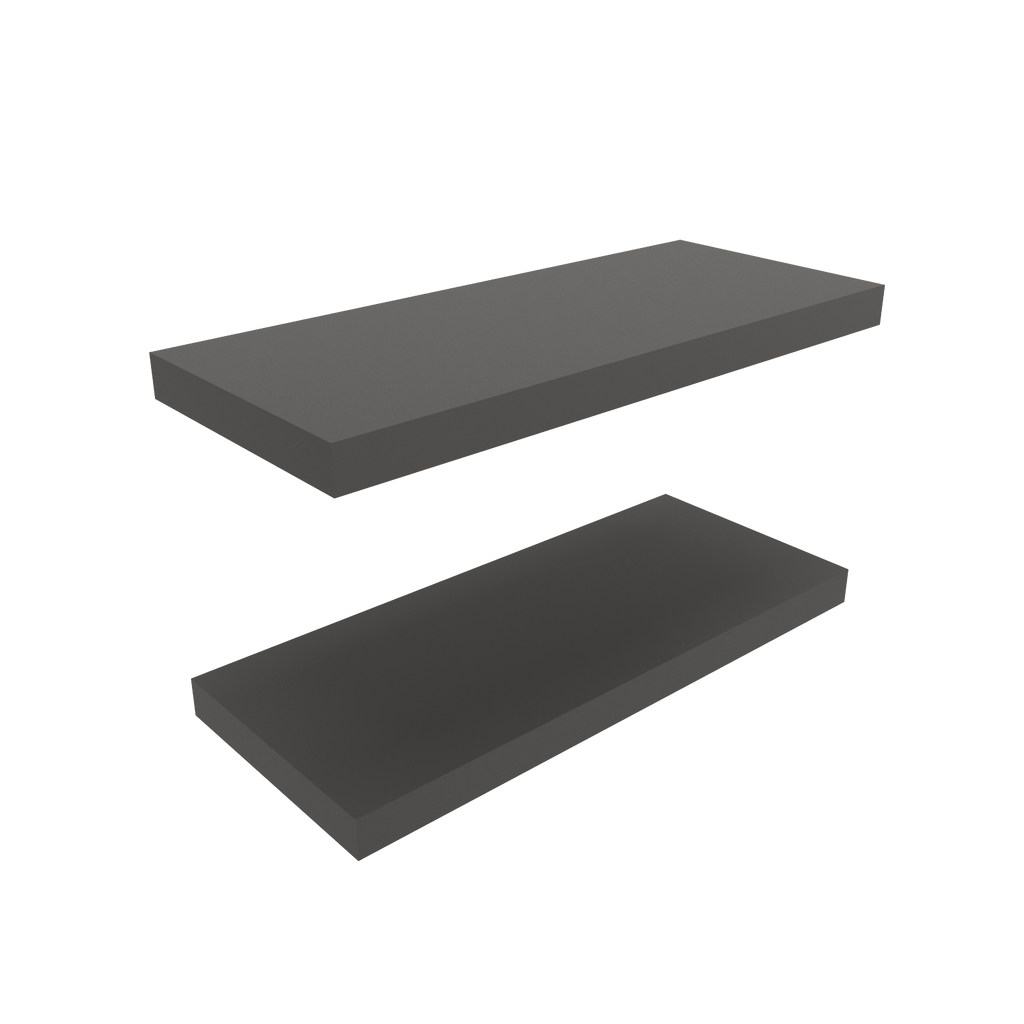Matte gray Anthony & Home Studio two-tier floating shelves mounted on a wall with decorative items displayed