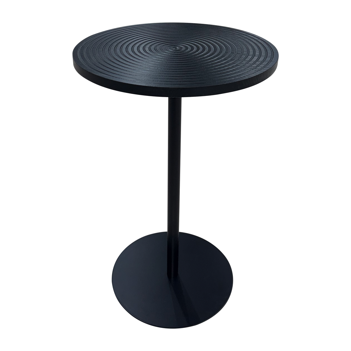 Set of 2 walnut round side tables with black metal pedestal bases and concentric design, by Anthony & Home from the Atelier Collection.