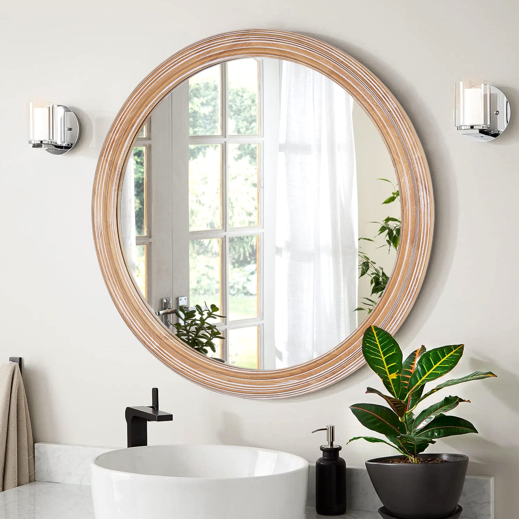Antique whitewash wood and metal round wall mirror from Anthony & Home, 27.56 inches, in the Heritage Collection.