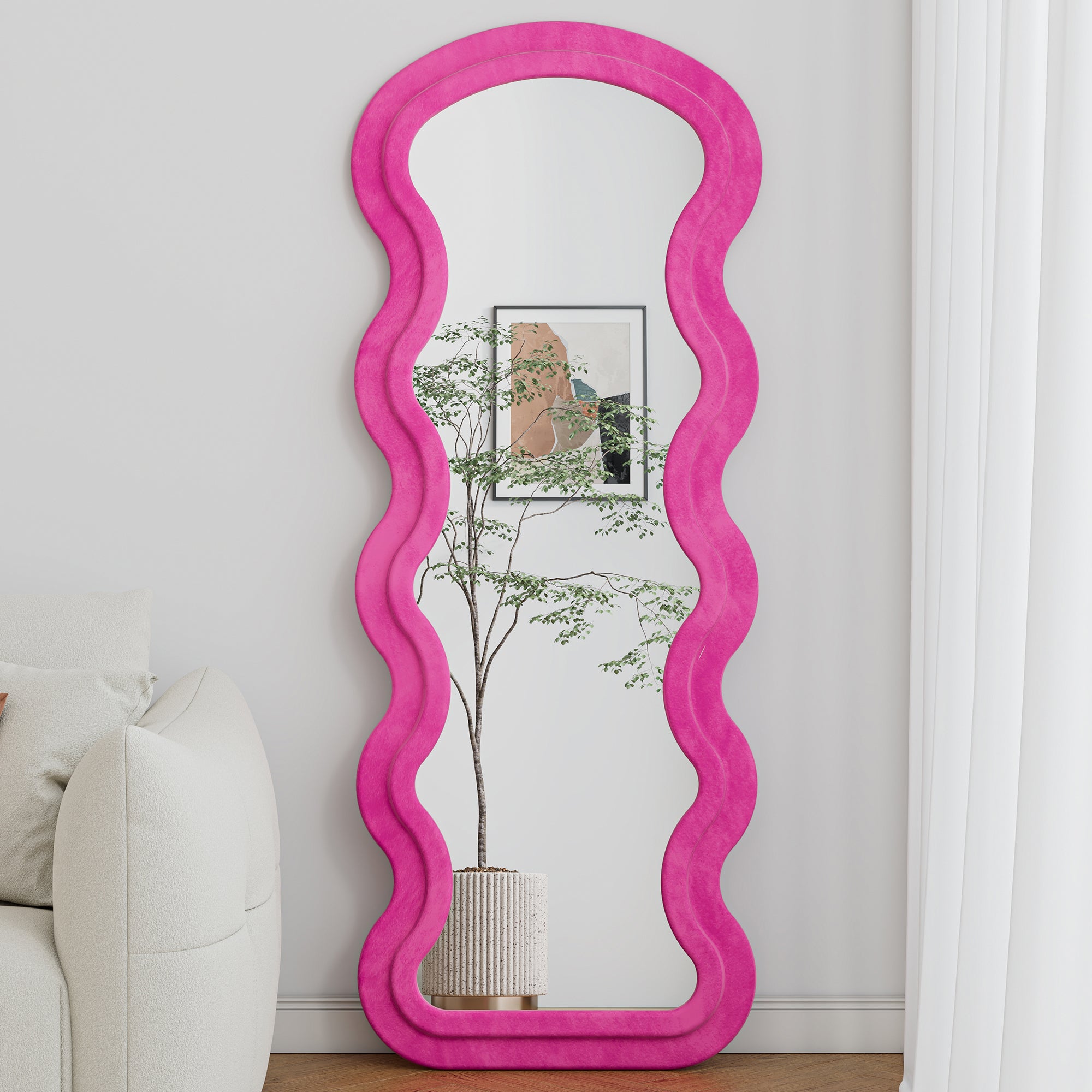 Anthony & Home Atelier Rose Floor Mirror with wave metal stand and synthetic wood frame in rose tone, part of Signature Collection