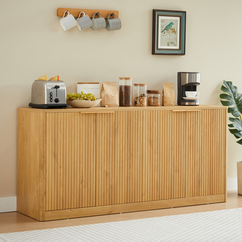 Anthony & Home Signature Curved Contour Sideboard with 4 doors, natural finish, 59-inch storage cabinet, modern furniture piece