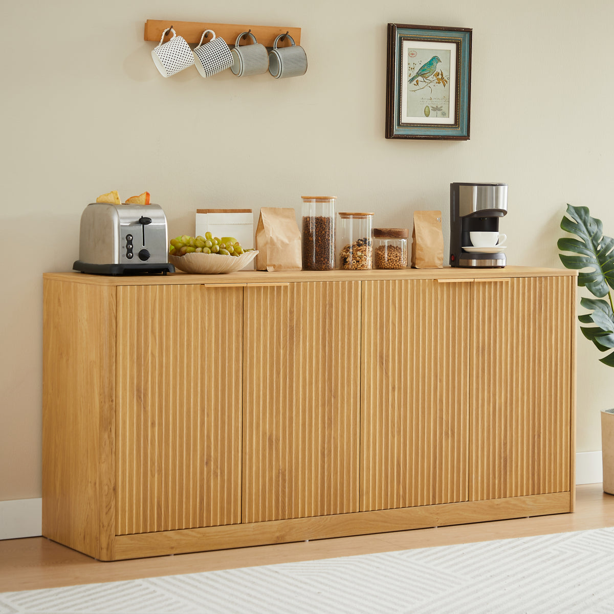 Anthony & Home Signature Curved Contour Sideboard with 4 doors, natural finish, 59-inch storage cabinet, modern furniture piece