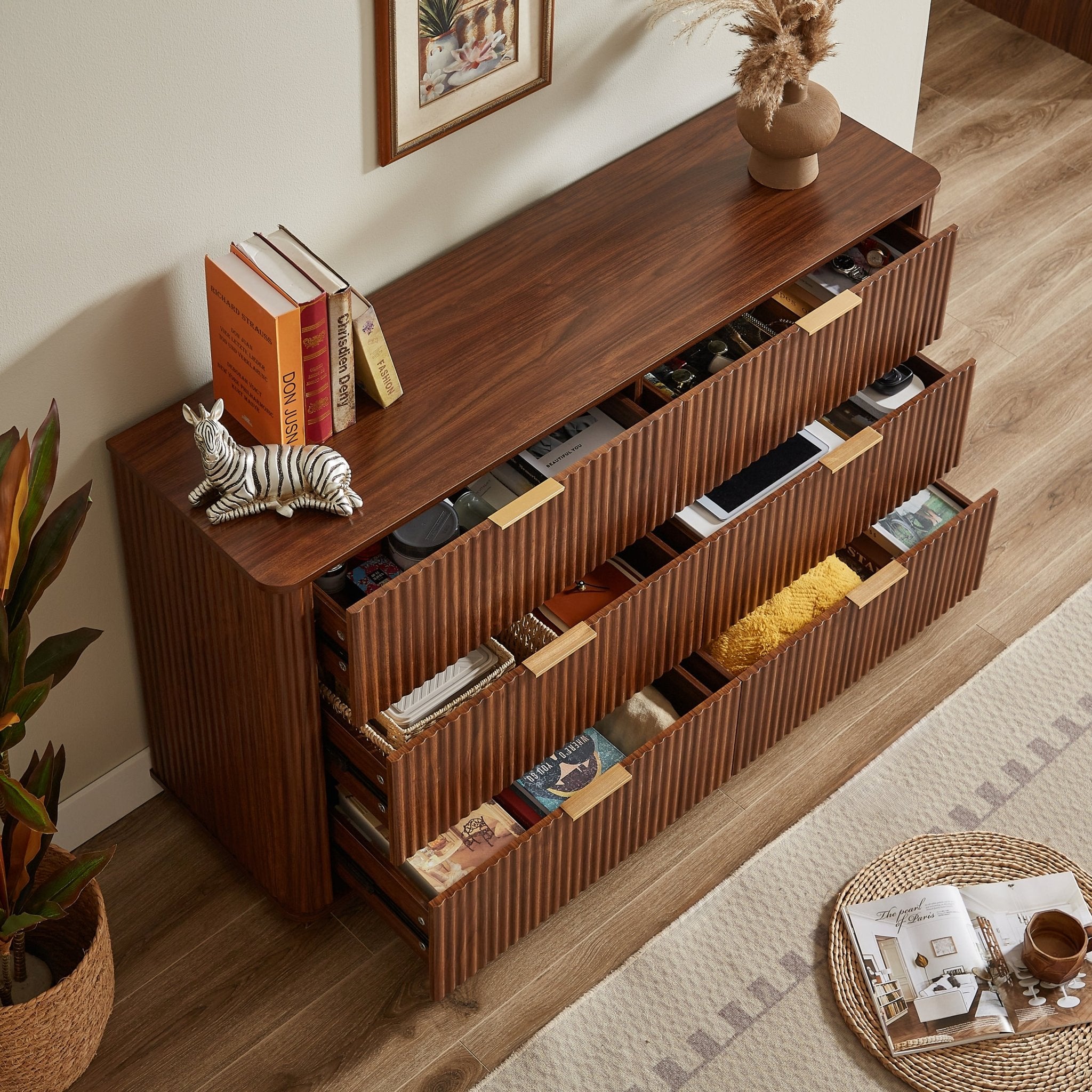 Walnut Wave six-drawer dresser and TV stand by Anthony & Home with a curved profile and 55-inch wide studio collection design.