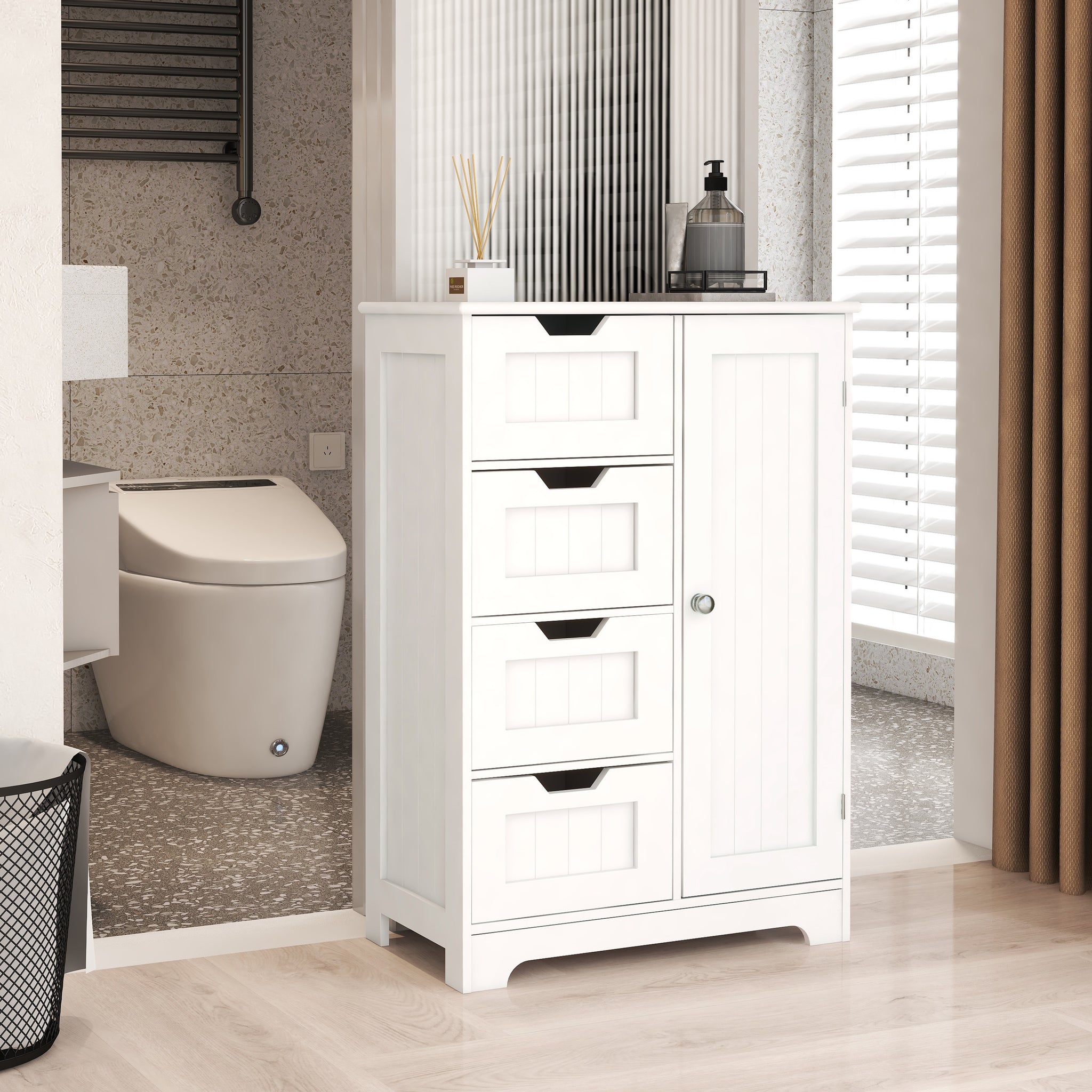 Matte white studio floor cabinet with drawers from Anthony & Home, featuring a sleek modern design and multiple storage compartments.