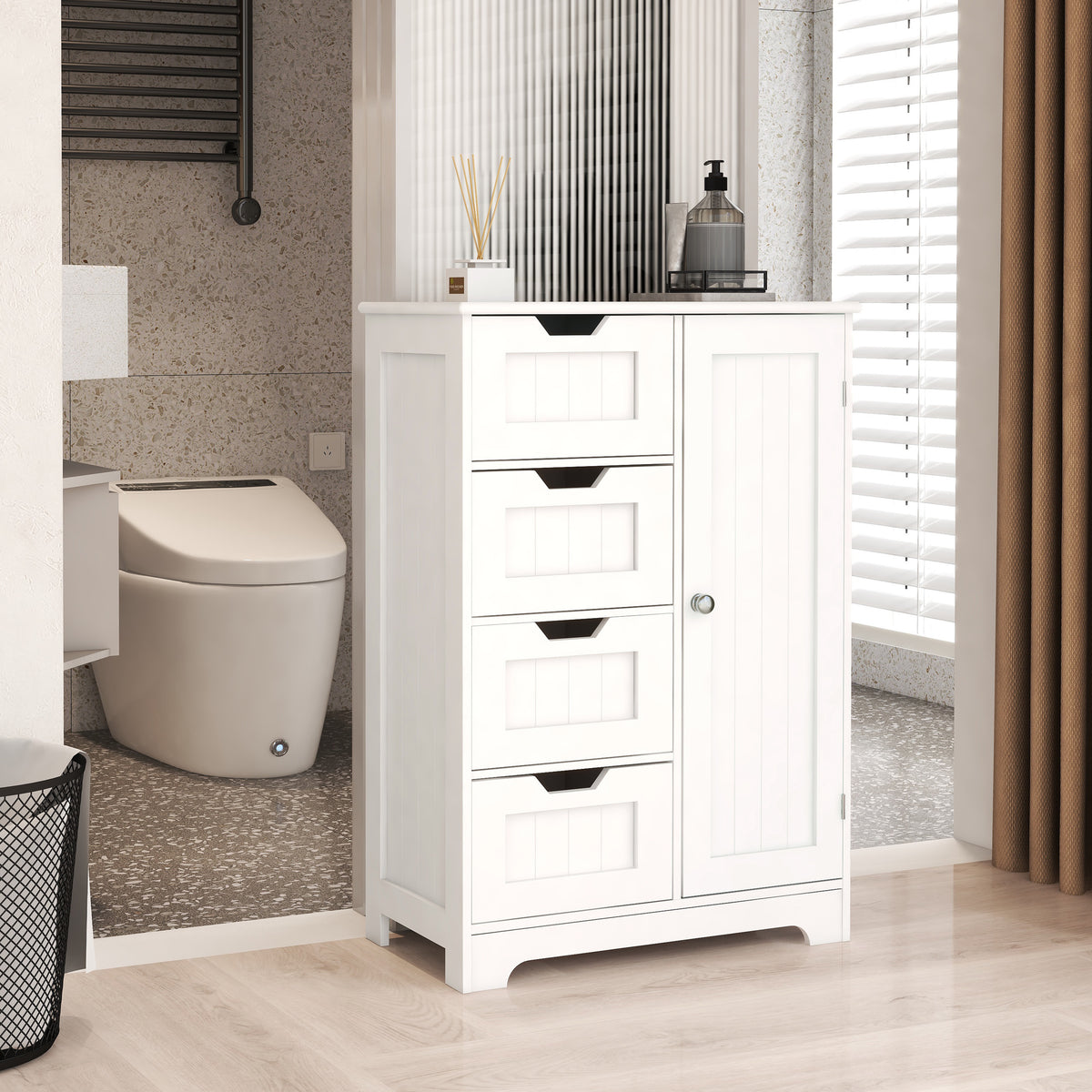Matte white studio floor cabinet with drawers from Anthony & Home, featuring a sleek modern design and multiple storage compartments.