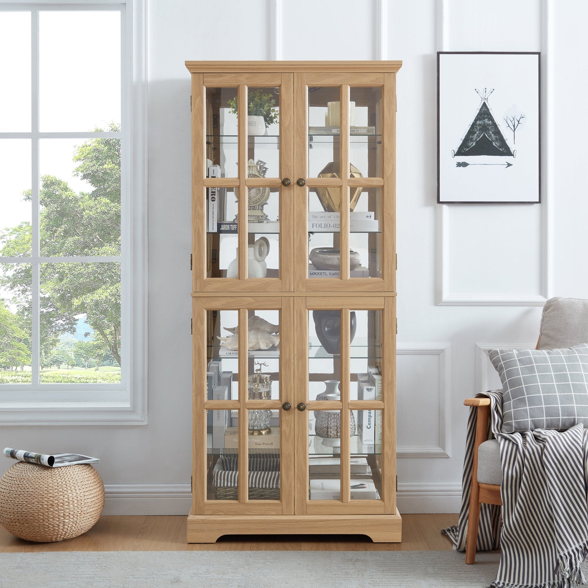 Anthony & Home Oak Curio Cabinet with glass doors, showcasing elegant wooden display storage with clear glass panels.