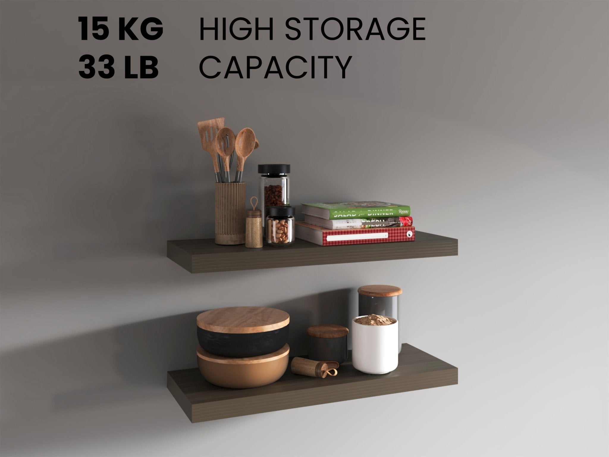 Olive finish floating shelves by Anthony & Home mounted on a wall, showcasing their sleek, modern design for storage or display.