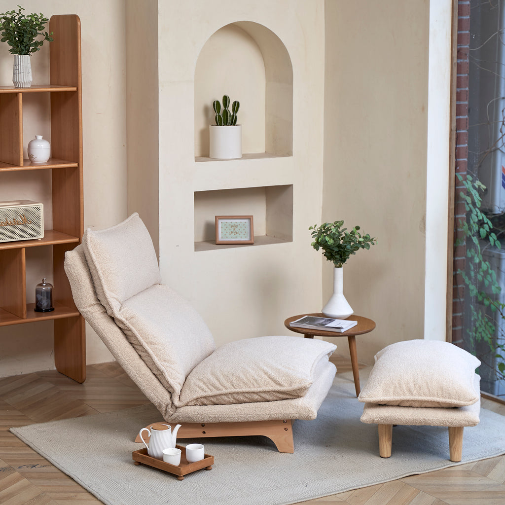 Beige Anthony & Home Studio foldable metal frame recliner with cushioned seat and backrest, designed for comfort and portability.